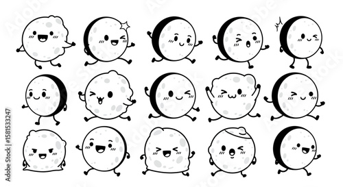 Animated moon characters with various facial expressions and poses