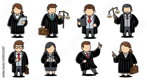 Legal professionals with briefcases and scales of justice depicts courtroom figures