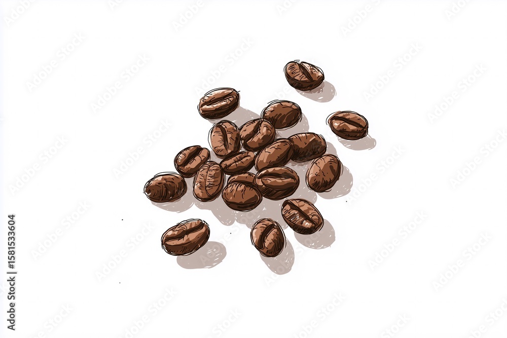 Naklejka premium いくつかのコーヒー豆と白い背景のシンプルなイラスト