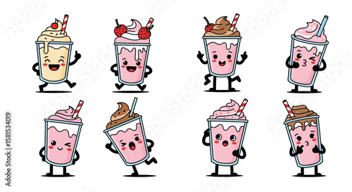 Set of cartoon milkshake characters with various flavors and expressions