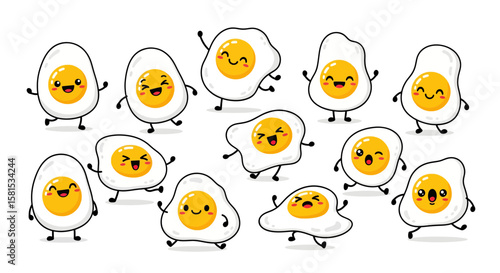 Cute fried eggs with faces in playful poses for breakfast themes