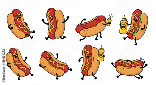 Cartoon hot dog characters with playful expressions and condiments