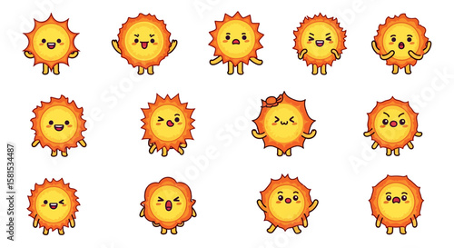 Set of cartoon sun characters with various facial expressions and poses for children or seasonal themes