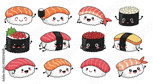 Cute kawaii sushi with smiling faces and expressive eyes