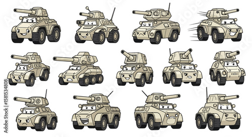 Set of cartoon military tanks with expressive faces