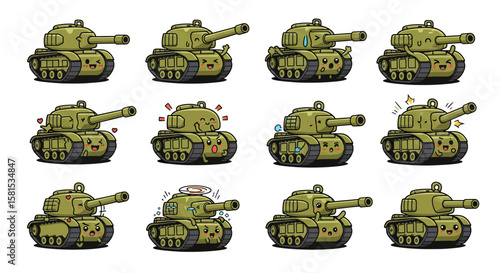 Cute military tanks with expressive faces for children's projects