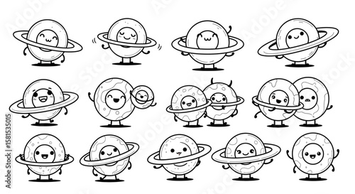 Cute planets with smiling faces and rings in a seamless pattern
