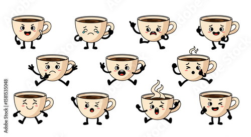 Set of animated coffee cup characters with various expressions and poses