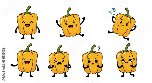Set of cute cartoon yellow peppers with expressive faces