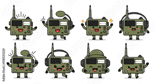 Cute military radio character set with headphones and accessories