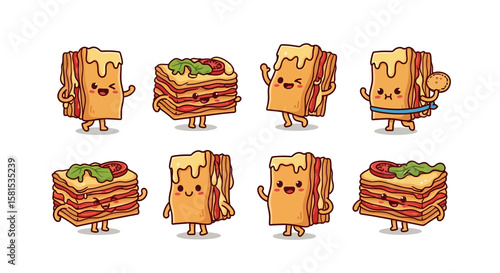 Cute toasted sandwich characters with various expressions and toppings for food branding