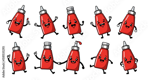 Animated ketchup bottles with cheerful expressions and playful poses