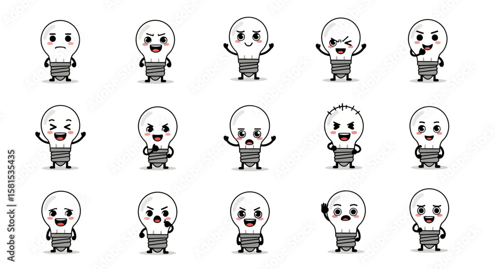 Obraz premium Collection of cartoon light bulb characters with various facial expressions