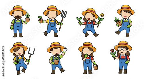 Farmers tending to plants with gardening tools and flowers
