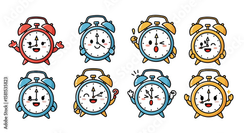 Collection of colorful alarm clocks with expressive faces and various poses