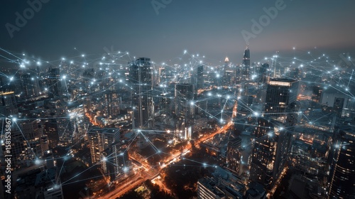 Wallpaper Mural Modern Urban Skyline with Digital Connections and Network Visualization Torontodigital.ca