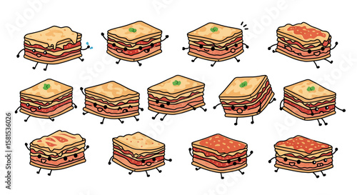 Animated stack of lasagna slices with happy facial expressions