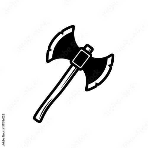 A black axe with double blades and wooden handle