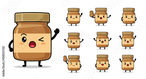 Kawaii peanut butter jar characters with expressive faces and gestures