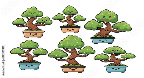 Cute bonsai trees with smiling faces in pots for design projects