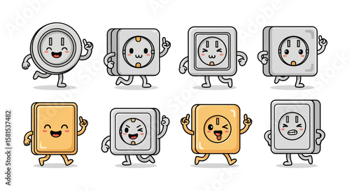 cartoon power outlets with expressive faces and hands