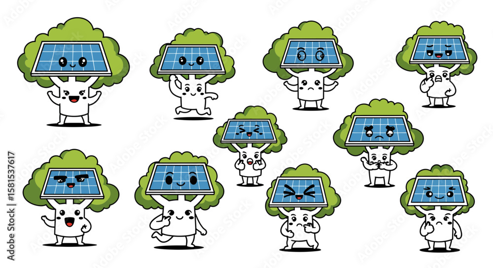 Obraz premium Cute cartoon trees with solar panels and expressive faces for renewable energy themes