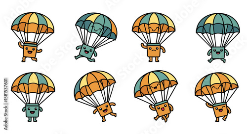Cute cartoon skydiver with parachute characters in playful poses