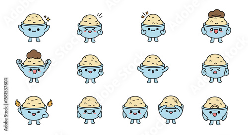 Set of cute rice bowl characters displaying various emotions and actions