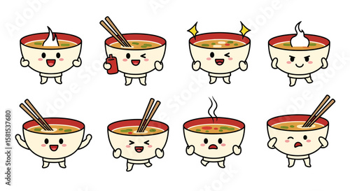 Cute smiling bowl characters enjoying hot ramen with different expressions