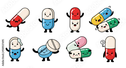 Colorful capsule pills with expressive faces and dynamic poses