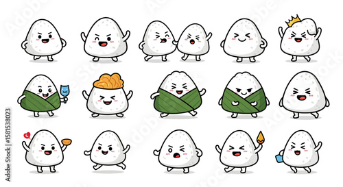 Cute rice ball characters with various expressions and accessories