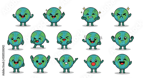 Set of cartoon Earth characters expressing various emotions