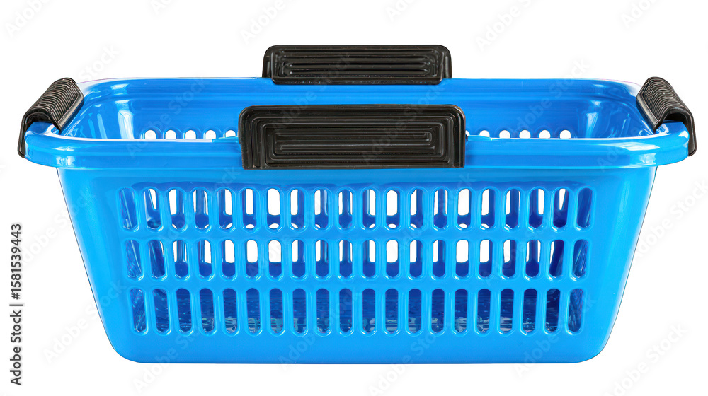 Fototapeta premium Bright blue plastic shopping basket with black handles