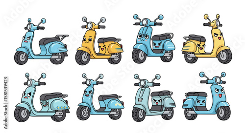 Set of cartoon scooters with expressive faces in various poses