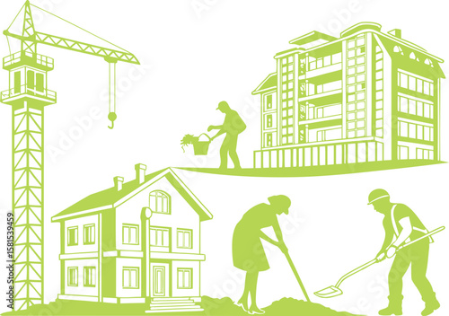 Construction site with workers and buildings crane house