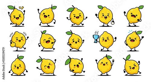 Set of animated lemon characters with various expressions and poses