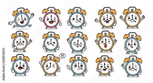 Set of cute cartoon alarm clocks showing various expressions and poses