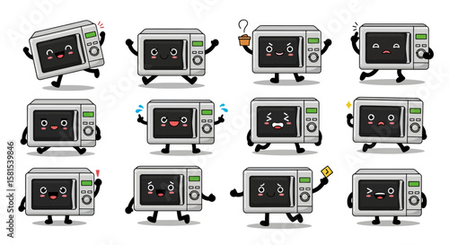 Cute animated microwave characters with expressive faces for digital content