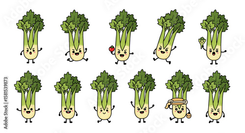 Cute animated leek characters with facial expressions and accessories
