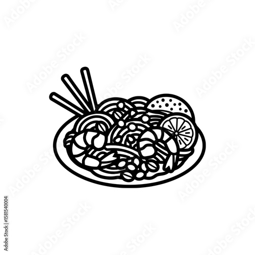 Noodle dish with seafood and vegetables for culinary cooking