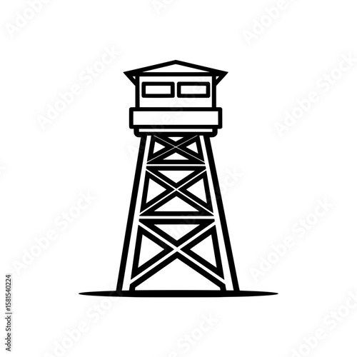 Oil rig tower with platform and support beams in black outline