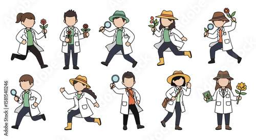 Scientists examining plants and flowers in laboratory setting