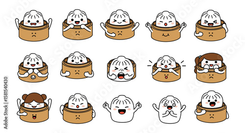 Collection of kawaii steamed bun characters with expressive faces