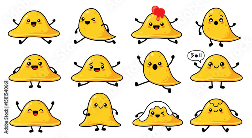 Set of cute yellow campervan character illustrations with various expressions