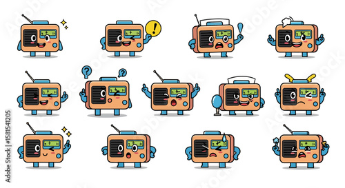 Cute animated radios with expressive faces and different gestures