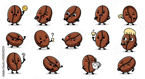 Cute coffee bean character set with various expressions and props