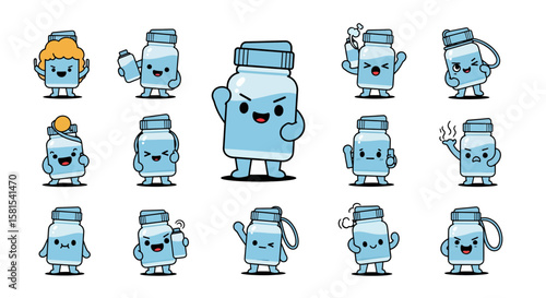 Set of cartoon medicine bottle characters with varied expressions