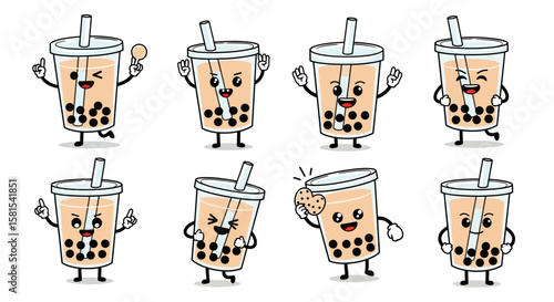 Animated bubble tea characters with various expressions and poses