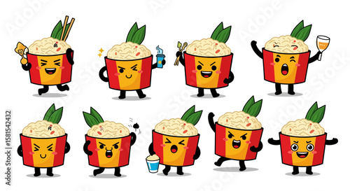Happy animated bowls of noodles with expressive faces and props