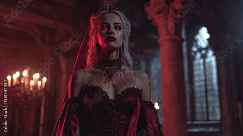 Vampire Queen with Red Eyes and Bloody Corset
